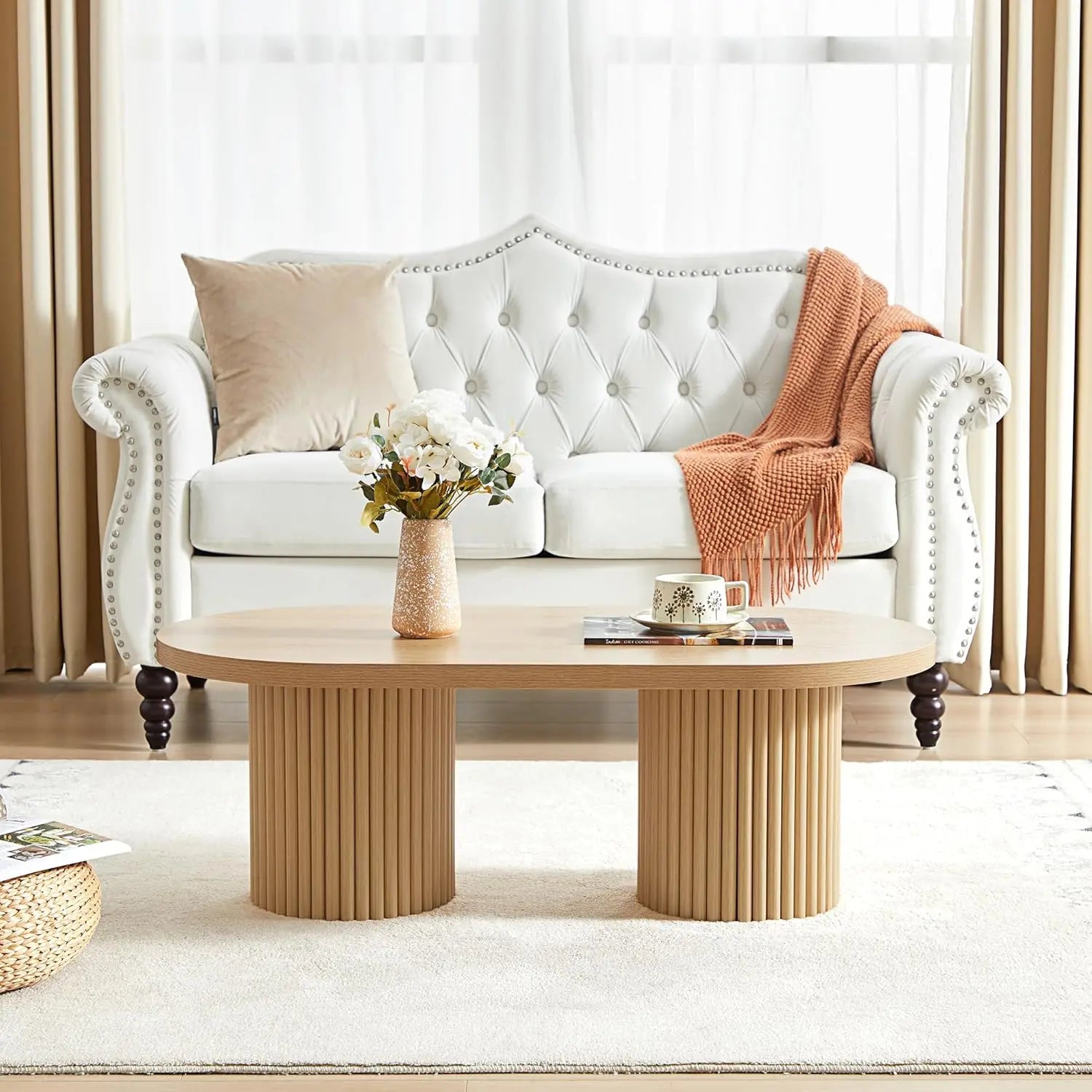 AVZEAR Oval Fluted Coffee Table for Living Room, Mid Century Modern Coffee Table with Storage, Curved Round Wooden Center Table