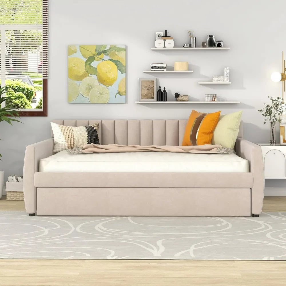 Beige Daybed Full Size with Trundle and Wood Slat Support, No Box Spring Needed