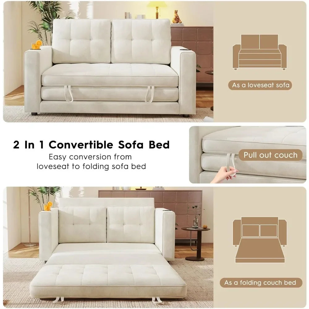 55" Convertible Sofa Bed Pull out Couch Love Seat Sleeper Bed Small Fold out Sofa with Cup Holder Home Living Room Furniture