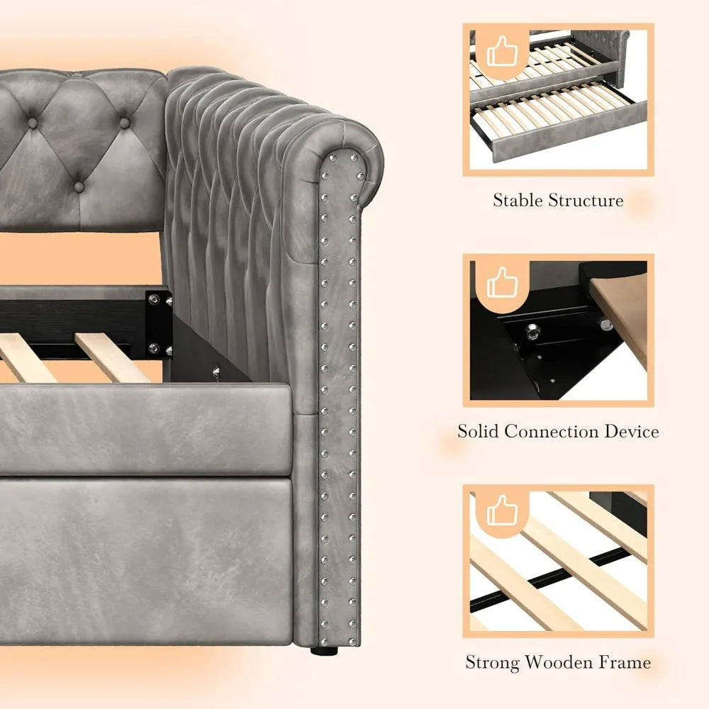 Modern Velvet Daybed with Trundle, Sofa Bed Featuring Tufted Button Design and Curved Armrests for Living Spaces and Bedrooms