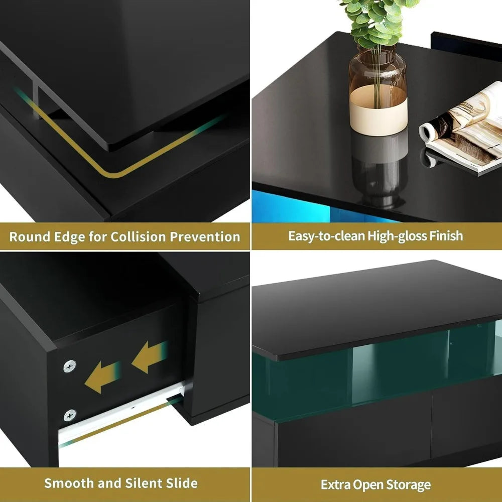 Modern Rectangular Black High Gloss LED Coffee Table with 4 Drawers for Living Room Storage