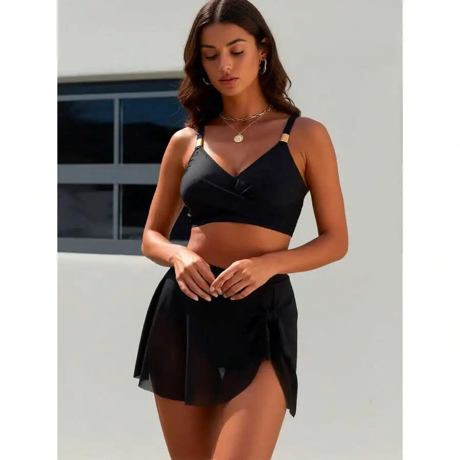 Women High Waisted Two Piece Swimsuit Tummy Control Tie Knot Solid Black Bathing Suit