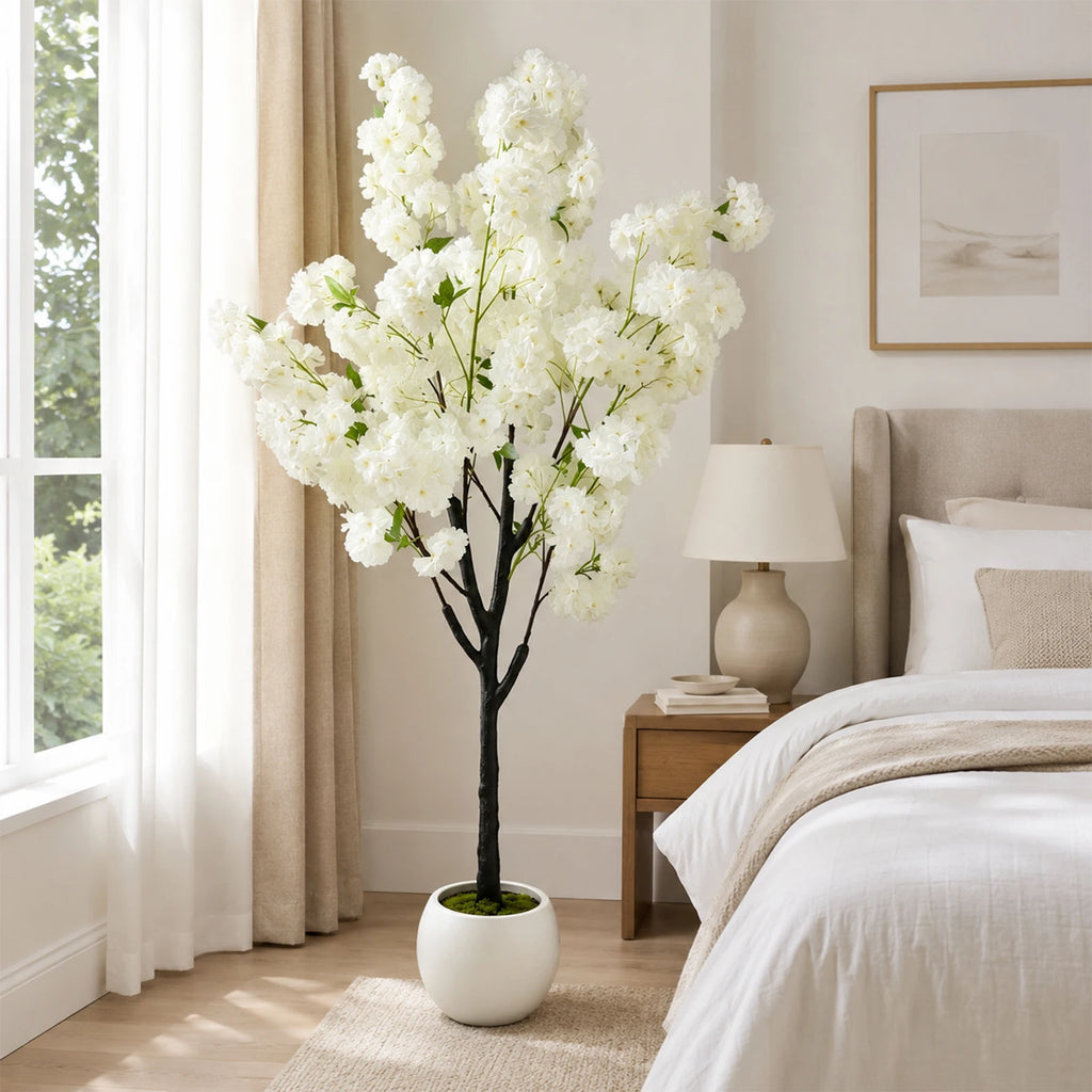White Artificial Cherry Blossom Tree 5/6FT – Faux Silk Plant Potted, Lifelike Decorative Flower Tree for Indoor/Outdoor, Home, Office, Wedding, Party & Hotel