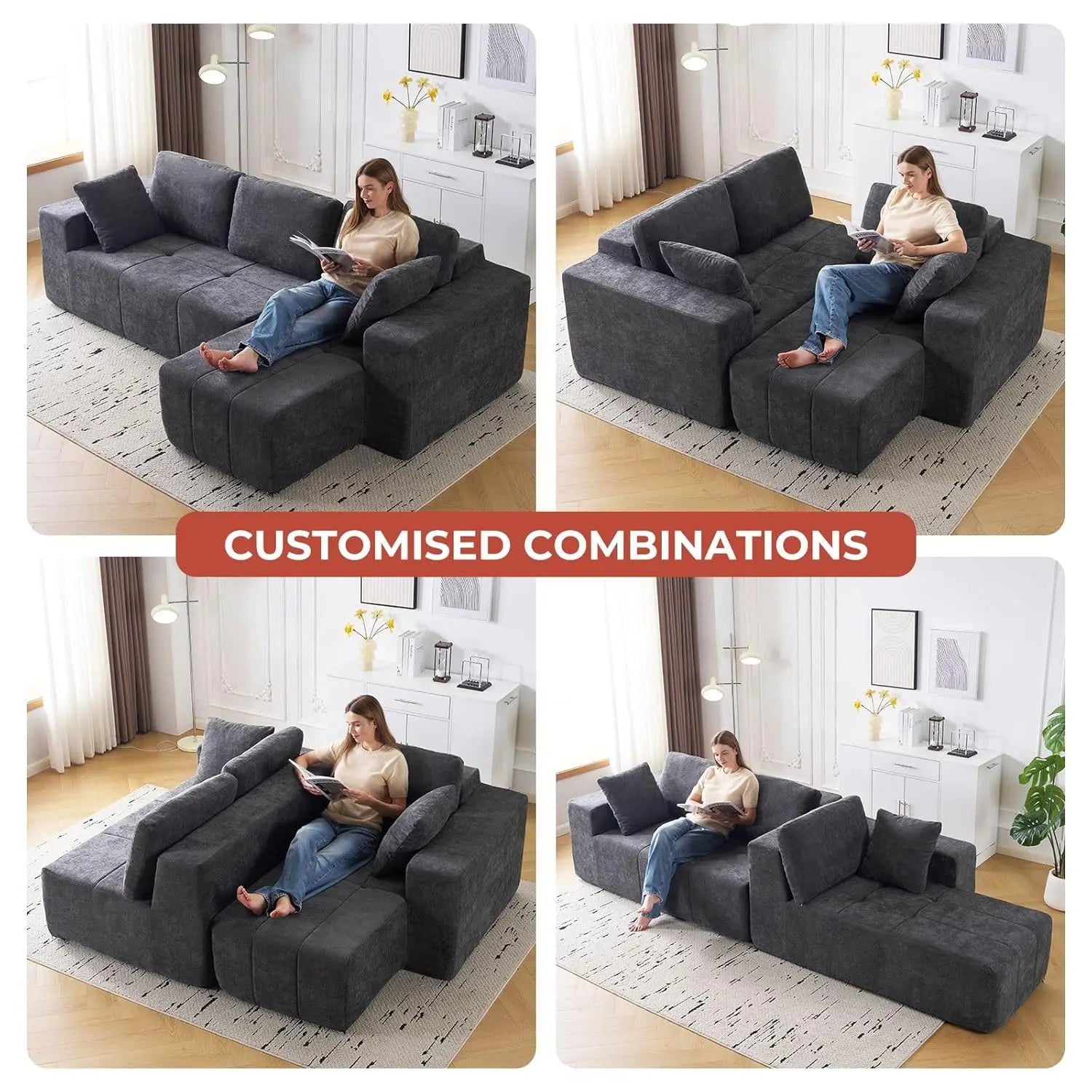 Cloud Modular Sectional Couch 105 Inch Chenille Boneless Couches Deep Seat Upholstered L-Shape Sofa with Chaise Customized