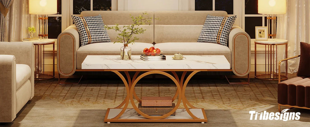 Rectangle Coffee Table, 2-Tier Faux Marble Wood