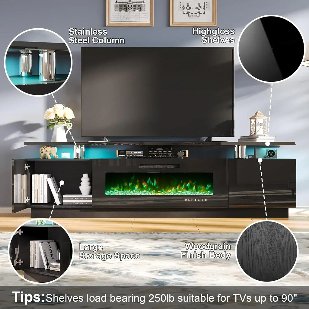 Entertainment Center with Fireplace and Bookcases, Fireplace TV Stand with 40" Fireplace, LED Lights & Glass Doors
