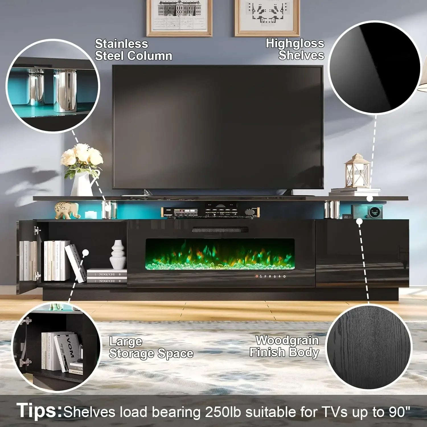 Entertainment Center with Fireplace and Bookcases, Fireplace TV Stand with 40" Fireplace, LED Lights & Glass Doors