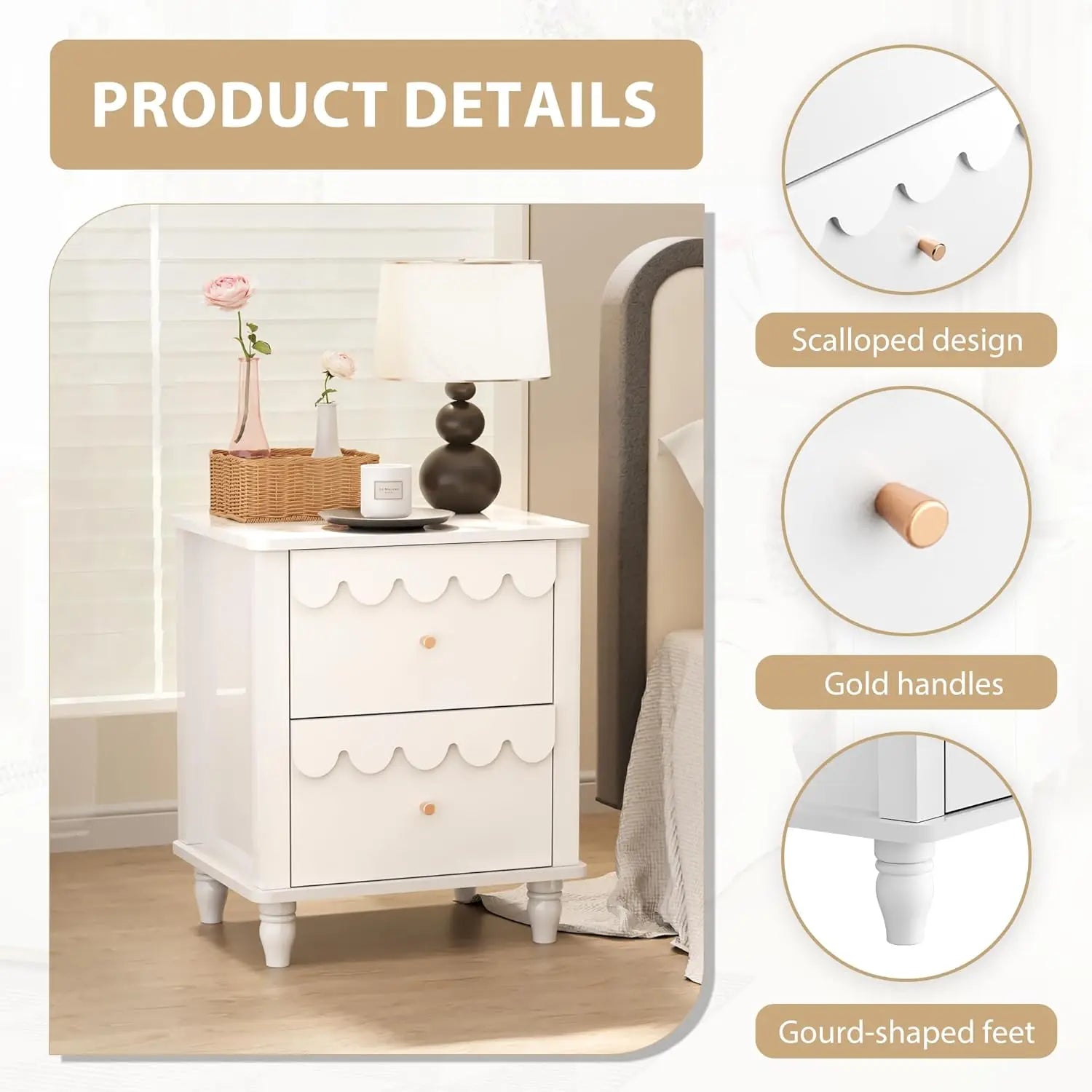 Nightstand Side End Table with 2 Drawers, Modern Wood with Petal Pattern for Bedroom