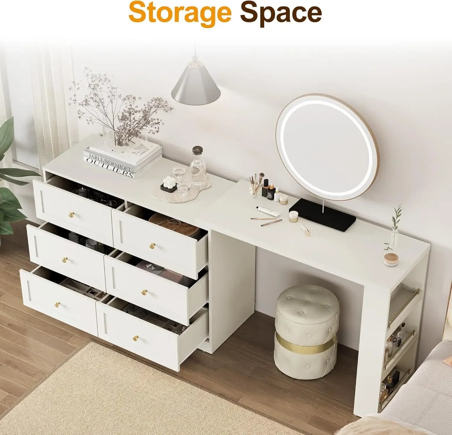 Vanity Desk and Dresser Combo, 76" L Extendable Big Makeup Vainty with 6 Drawer Dresser and 3 Side Shelves, White