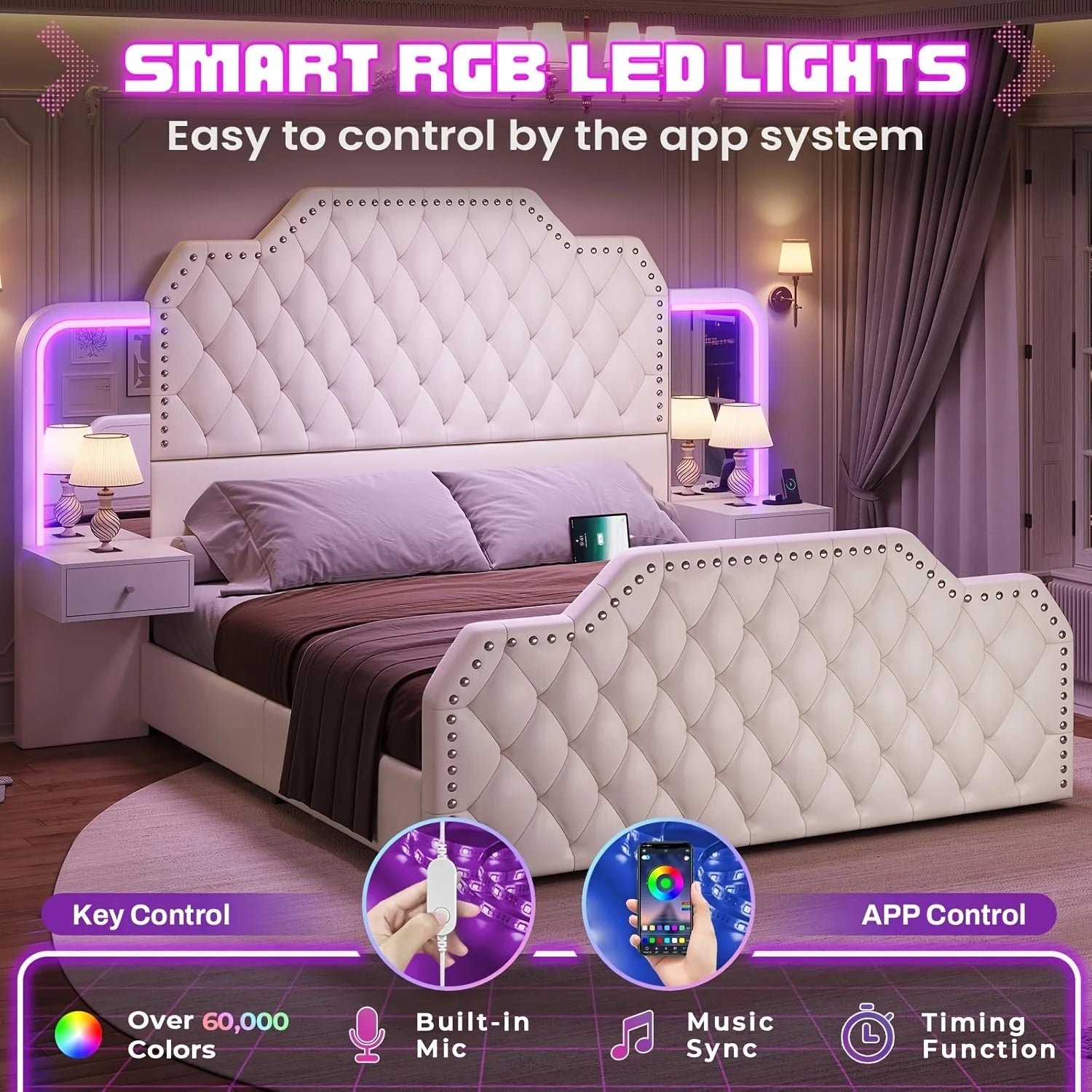 Queen Size Bed Frame/2 Nightstands with Mirror, Platform Bed Frame with 53" Tall Headboard and 4 Storage Drawers