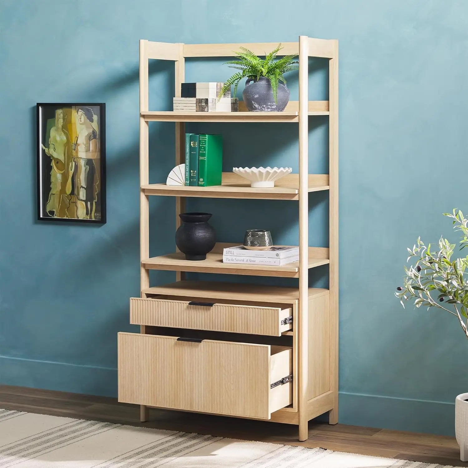 Transitional Open Reeded 4-Shelf Bookshelf with Drawers Versatile Bookcase with Bottom Storage for Home Office