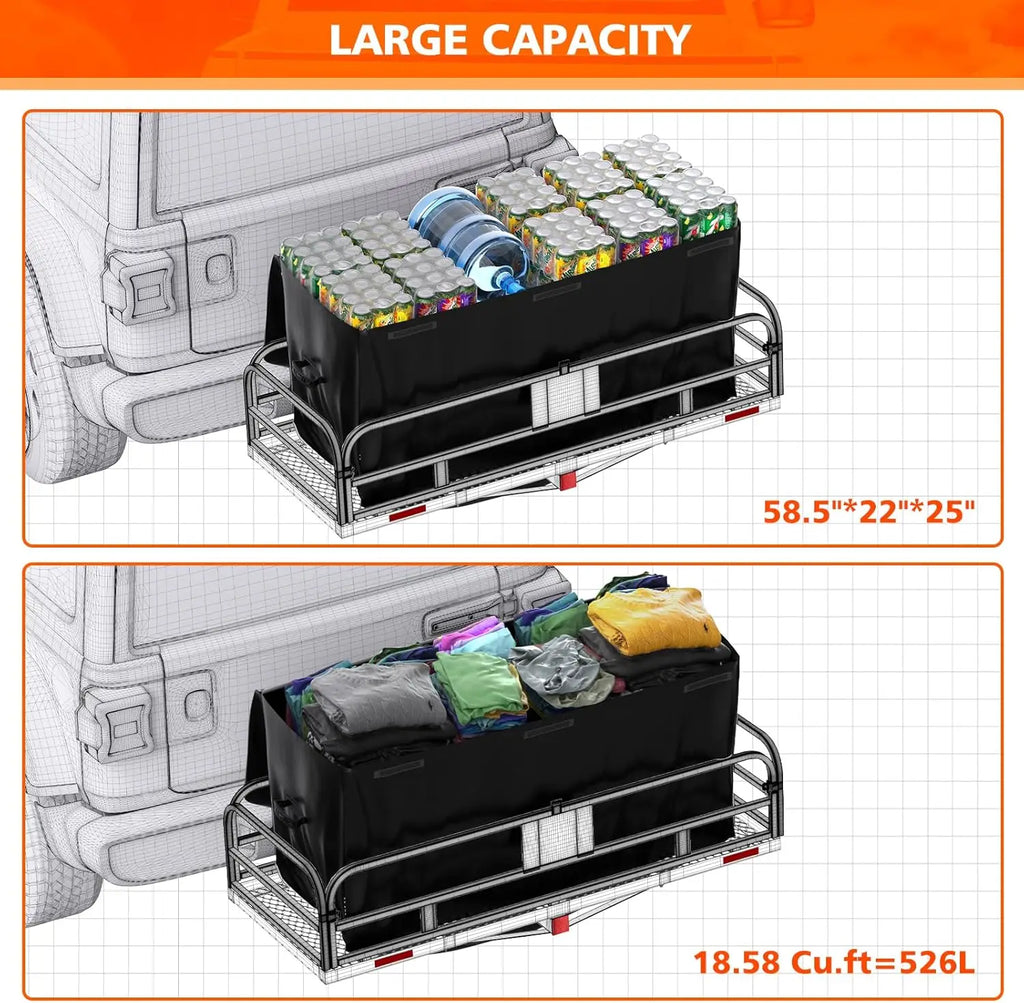 Hitch Cargo Carrier with 500 LBS Capacity, 60 x 24 x 14 Basket, Fits 2 Receivers, Includes Waterproof Bag and Cargo Net