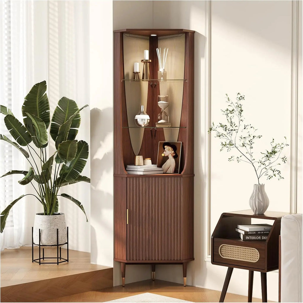70" Tall Corner Cabinet, Mid Century Modern Cabinet with Doors, Fluted Corner Bar Cabinet with Glass Holder,Walnut