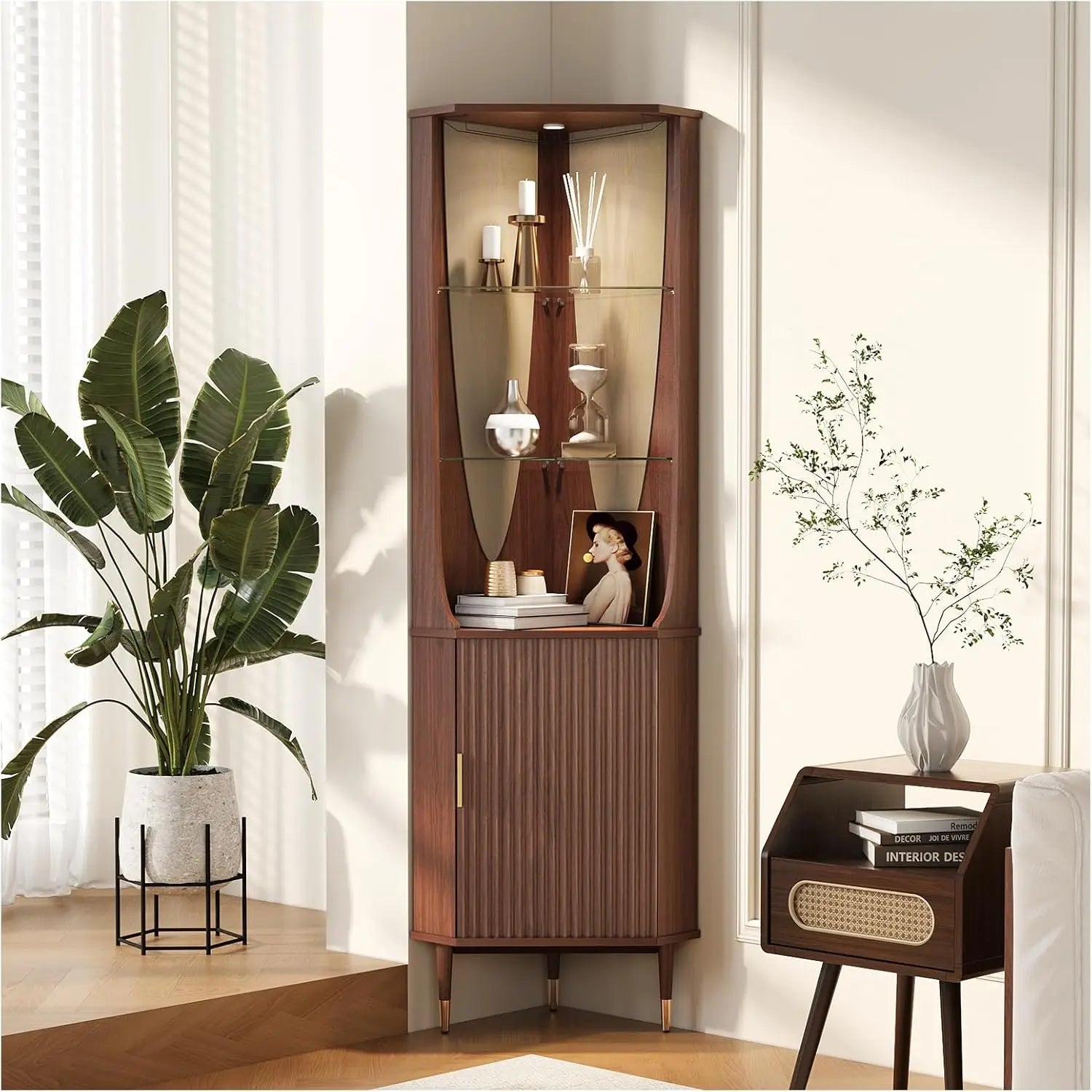 70" Tall Corner Cabinet, Mid Century Modern Cabinet with Doors, Fluted Corner Bar Cabinet with Glass Holder,Walnut