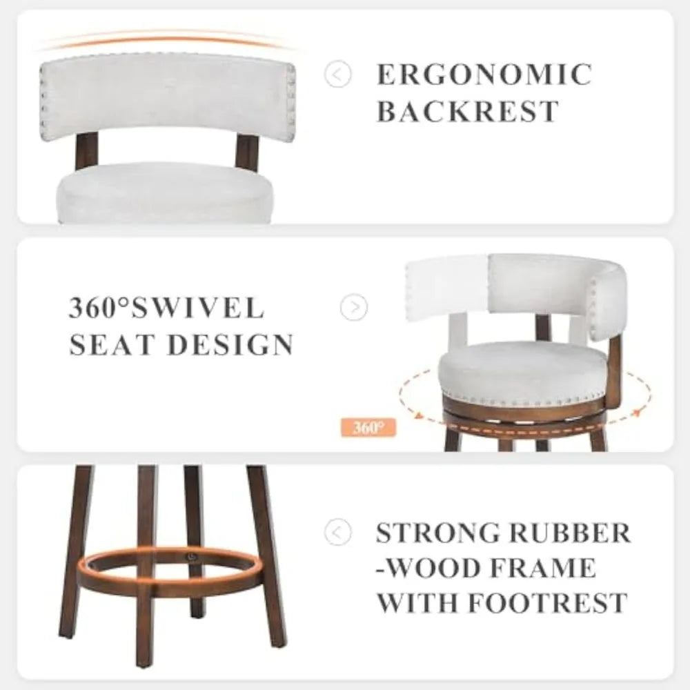 Set of 3- 25" Swivel Counter Height Bar Stools with Upholstered Back and Modern Wood Design
