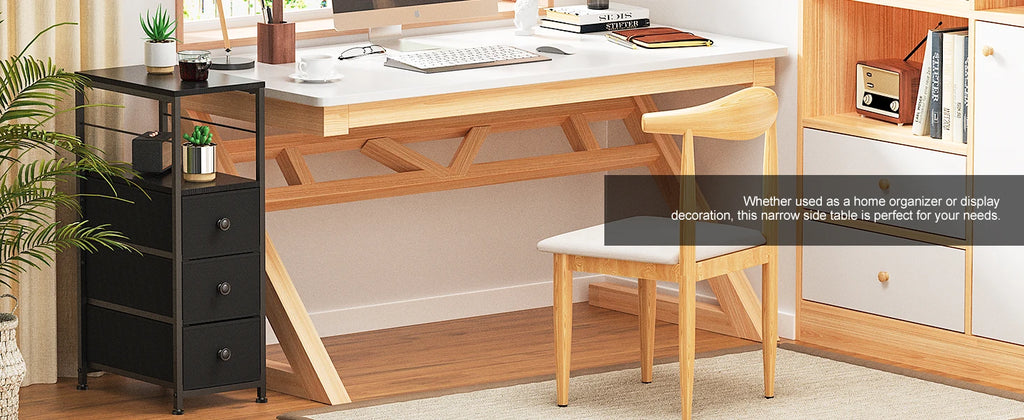 Narrow Slim Dresser & Bedside Table | 3 Fabric Drawers w/ Open Shelves | Space-Saving Storage Cabinet