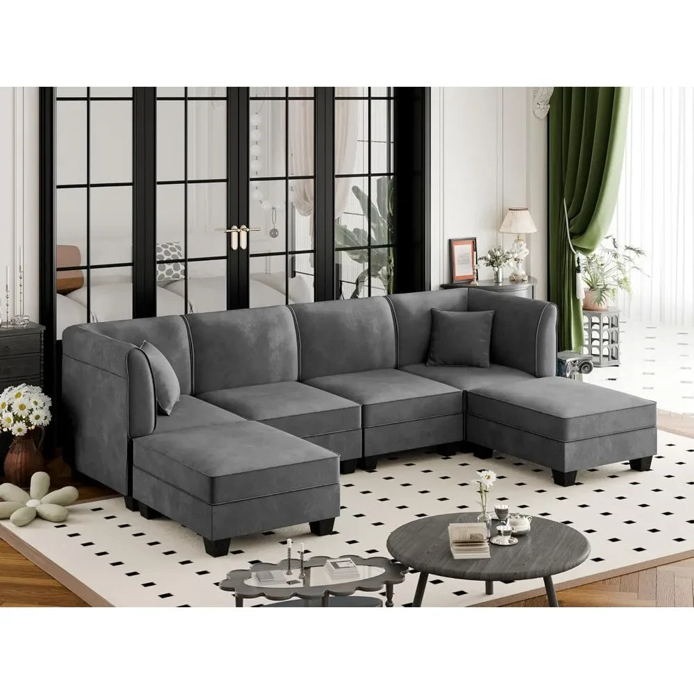 Large 6-Seat Velvet U-Shaped Sectional Sofa with Reversible Chaise, 116" for Living Room
