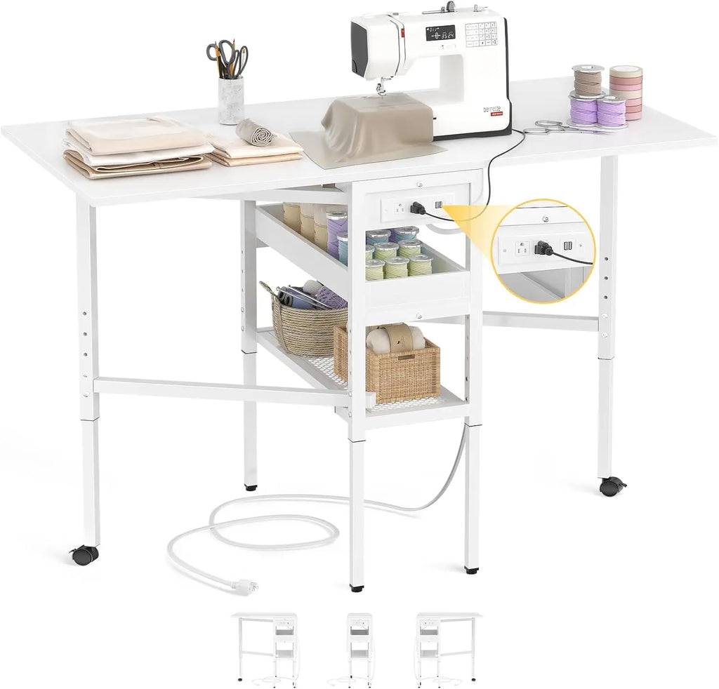 Sewing Cutting Table with Charging Station, Height Adjustable Craft Table with Storage, 50" Foldable Fabric Cutting Tables