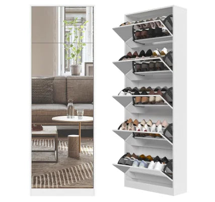 Shoe Storage Cabinet with Full Length Mirror, 30 Pairs & 5 Flip Drawer, Free Standing Shoe Rack Cabinet, Narrow Shoes Organizer