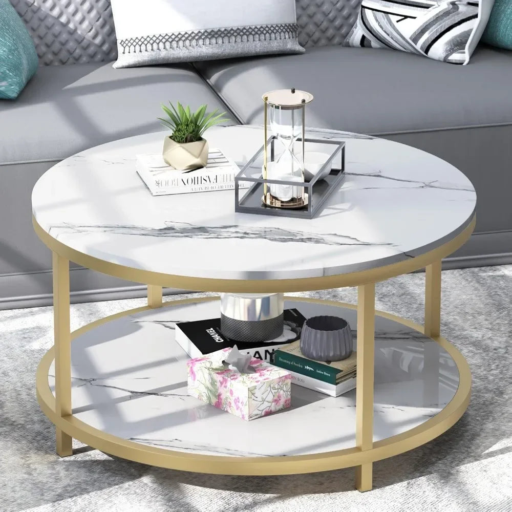 33.5" Round Coffee Table/  Coffee Table Room/ High Glossy Faux Marble Top /Circle Table Sturdy Gold Frame Legs/ Cocktail Table