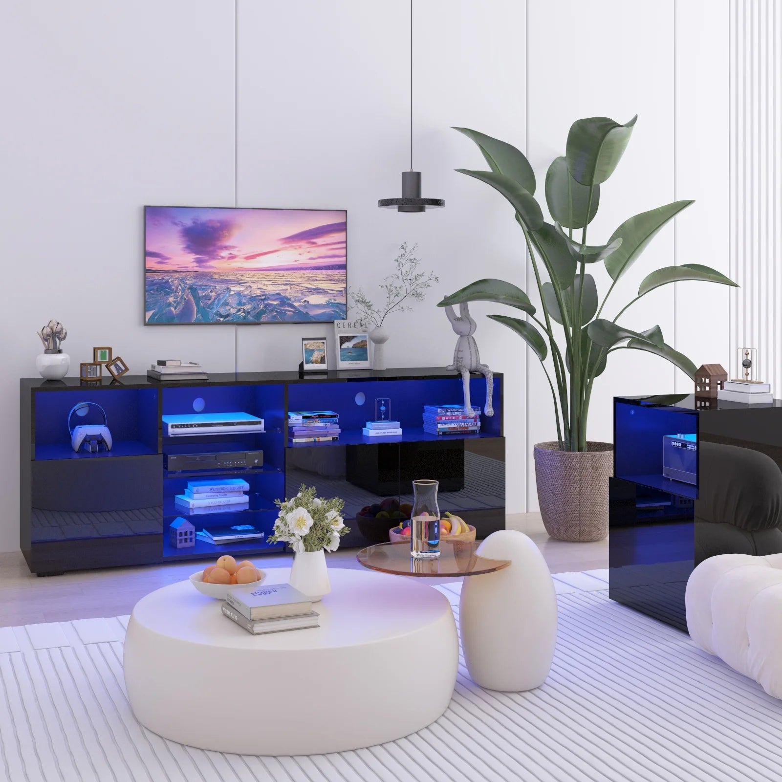 79" LED TV Stand for 75/80/85" TV,  High Gloss TV Cabinet w/Adjustable Storage Shelf, Modern Entertainment Center, White/Black