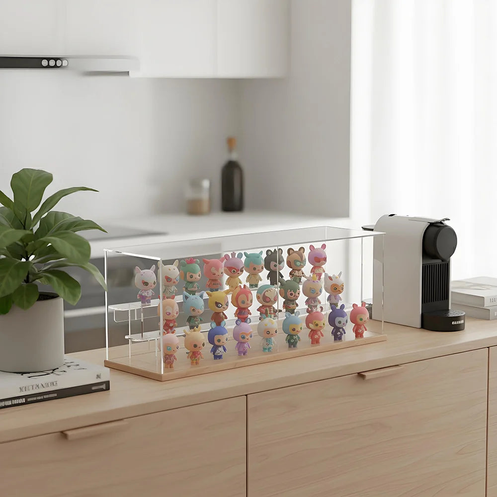 60cm Long Clear Acrylic Blind Box Display Case Solid Wood Base 2/3 Tiers Removable Shelves Dustproof Figurine Action Figure Organizer Showcase Cabinet with Magnetic Front Door for Pop Mart Collectibles Home Decor