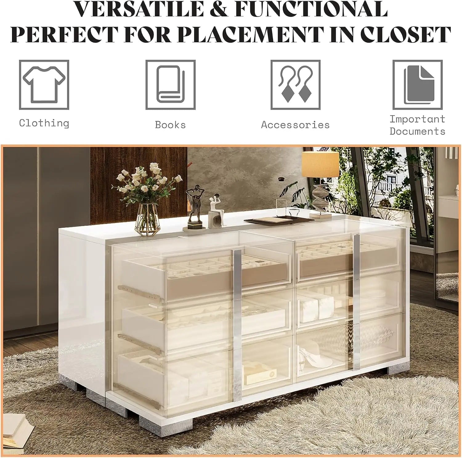 Modern Storage Chest of Drawers with Wide Tabletop,54" W High Gloss 6 Drawers Dresser with Silver Grooved Handles