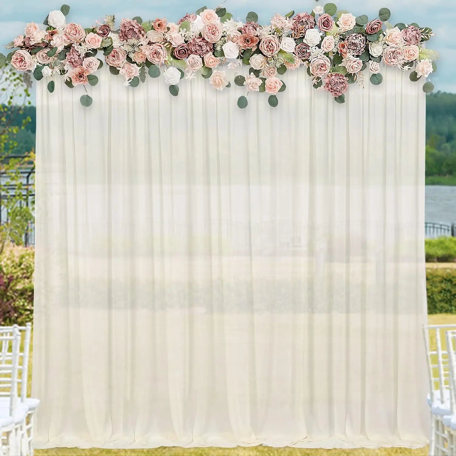 Chiffon Backdrop Curtain Ivory 5ft x 8ft 12 Pieces: Cream Chiffon Curtains Beige Sheer Curtain Backdrop Wedding 60ft x 8ft