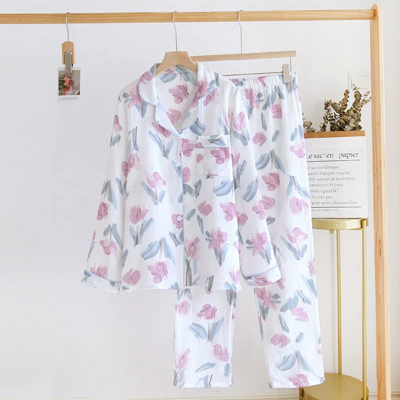 2025 Spring and Autumn Women's Pajama Set 100% Cotton Crepe Long Sleeved Pants Two piece Cute and Sweet Home Fury Set Ladies