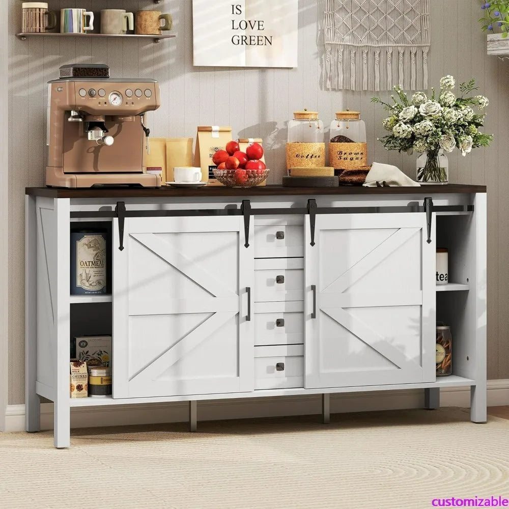 59 Farmhouse Style Buffet Cabinet with Thick Top, Coffee Bar with Sliding Barn Doors, 4 Drawers and 2 Shelves