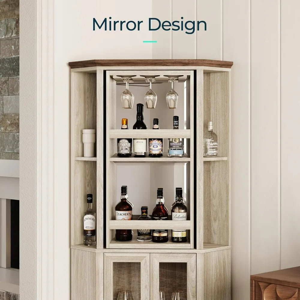 Tall Farmhouse-Style Wine Cabinet with Swiveling Liquor Shelves and Adjustable Barn Door Bar Storage