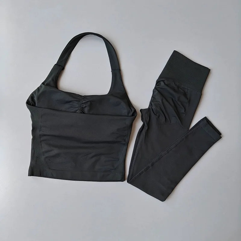 Yoga Pants High-Waisted Tummy-Control Hip-Lifting Sports Suit/ Women's Push-Up Shockproof Halter Neck Back-Slimming Fitness Set