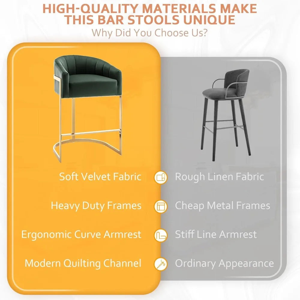 Counter Height Bar Stools Set of 2, Modern 27" H Barrel Counter Stools with Shell Back, Gold Velvet Bar Stools for Kitchen Island