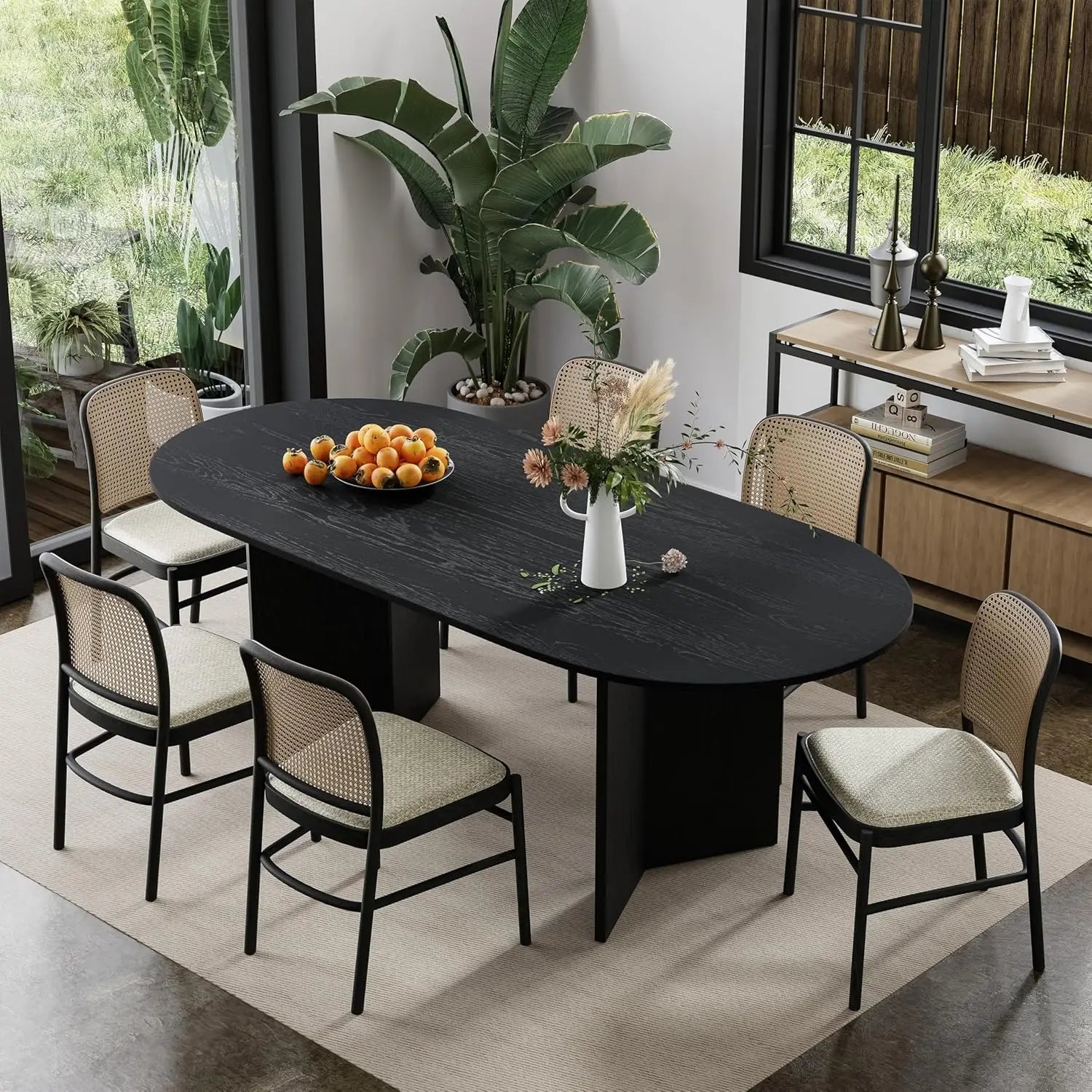 Modern Farmhouse Oval Dining Table Seats 6, Wooden Table with Scratch-Resistant Surface and V-Shaped Legs