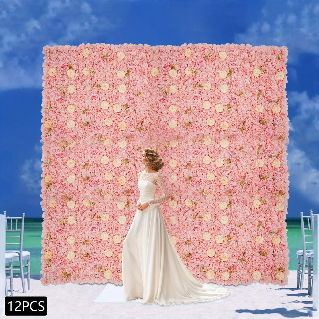 12PCS Flower Wall Panel 3D Artificial Flower Backdrop Wall Silk Hydrangea Rose Floral Panel Flower Wall Mat for Wedding Photo Background Terrace Garden Backyard Decorations Pink