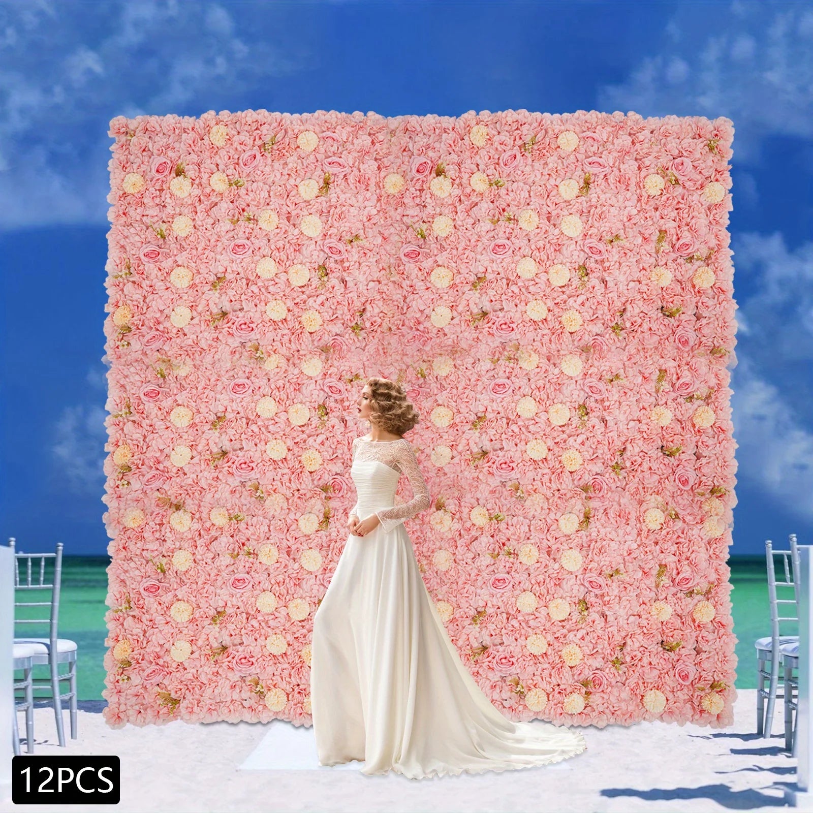 12PCS Flower Wall Panel 3D Artificial Flower Backdrop Wall Silk Hydrangea Rose Floral Panel Flower Wall Mat for Wedding Photo Background Terrace Garden Backyard Decorations Pink