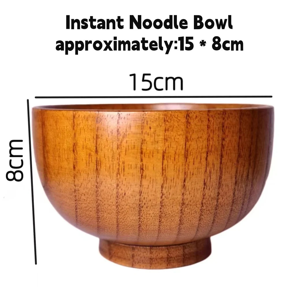 Kitchen Natural Wooden Soup Bowls,Round Fruit Salad Rice Bowls,With Spoon Set Food Containers Bowls,Large Tableware Noodle Bowls