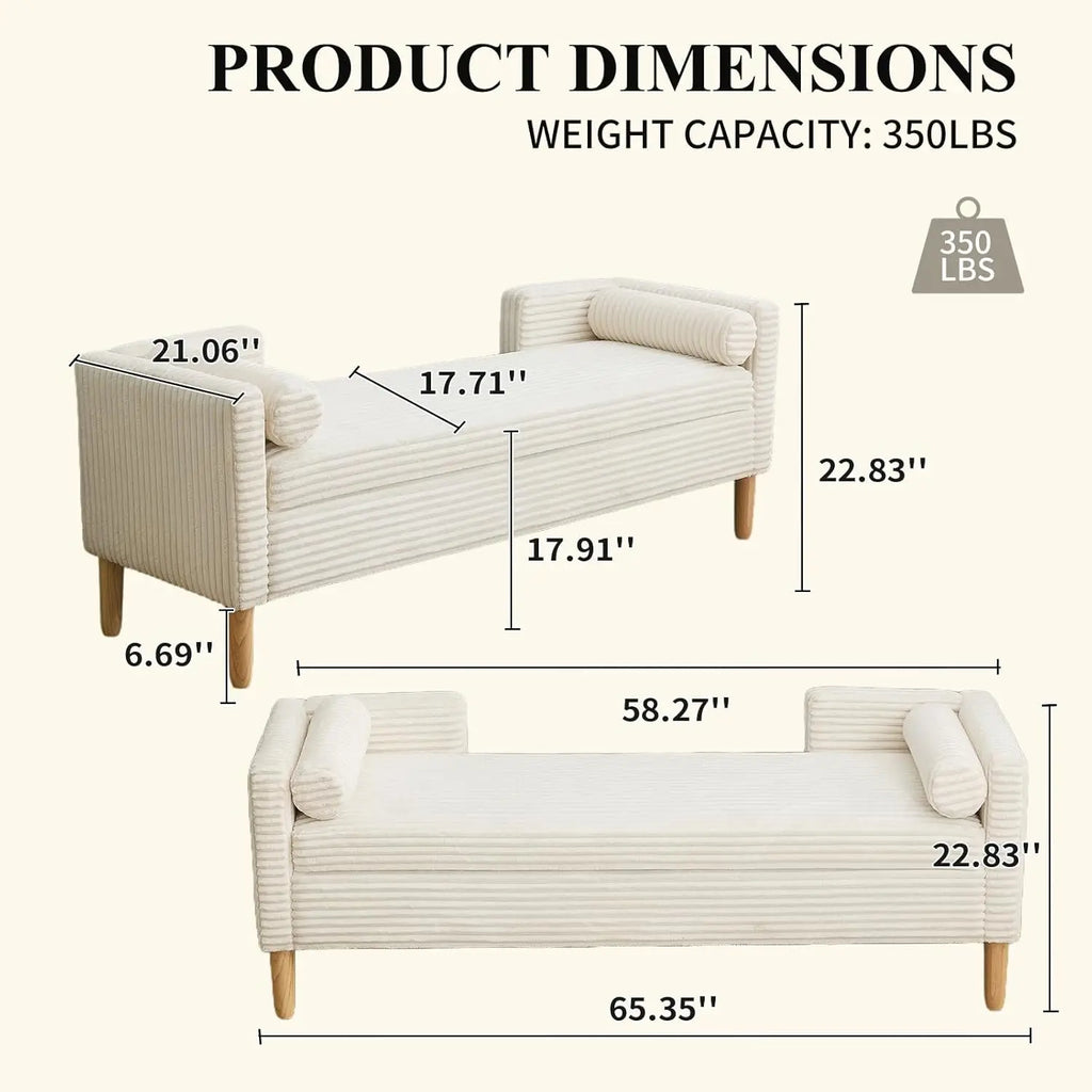 65" Large Storage Ottoman Bench with 2 Pillows, Corduroy Upholstered Entryway Bench