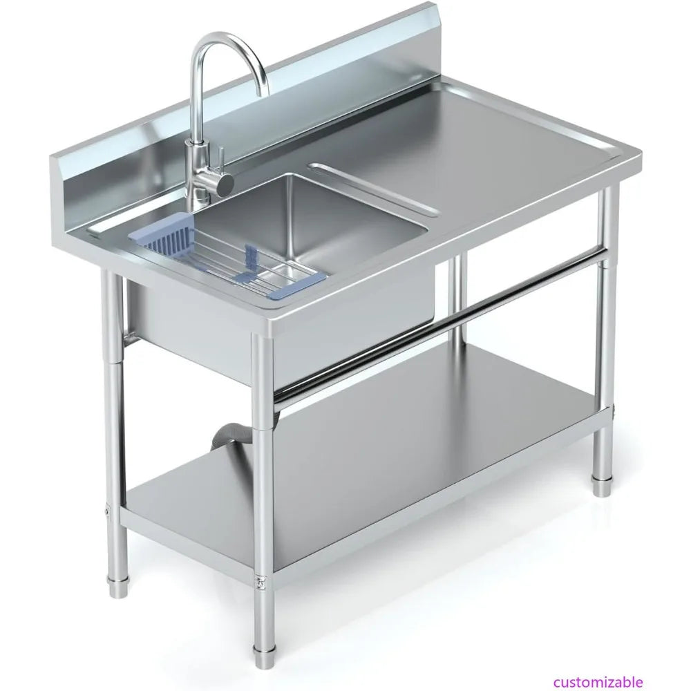 Stainless Steel Freestanding Laundry Sink with Single Bowl, Hot/Cold Water Connections, Workbench, and Storage