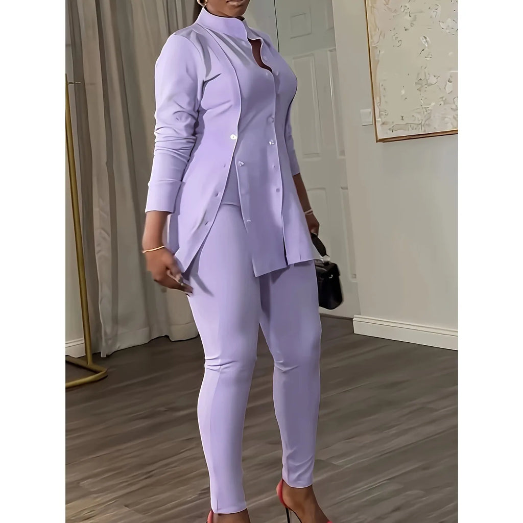 Daily Simple Button Slit Solid Color Shirt Collar Long Sleeve Two Piece Set