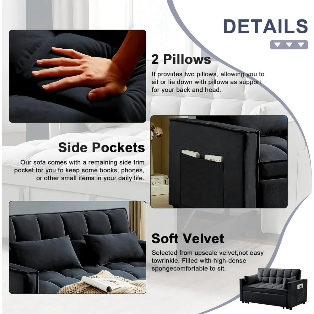 55.3 Inch 3-in-1 Velvet Futon Bed and Loveseat, Convertible Sleeper Sofa with Pillows and Pockets for Living Rooms and Apartment