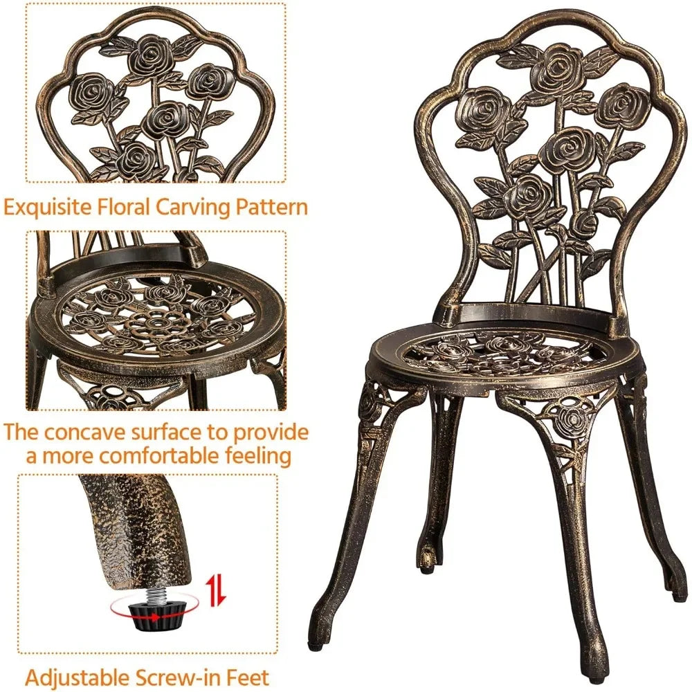 3-Piece Outdoor Bistro Set w/Rose Design, Rust-Resistant Cast Aluminum Table and Chairs w/Umbrella Hole for Balcony, Backyard, Garden