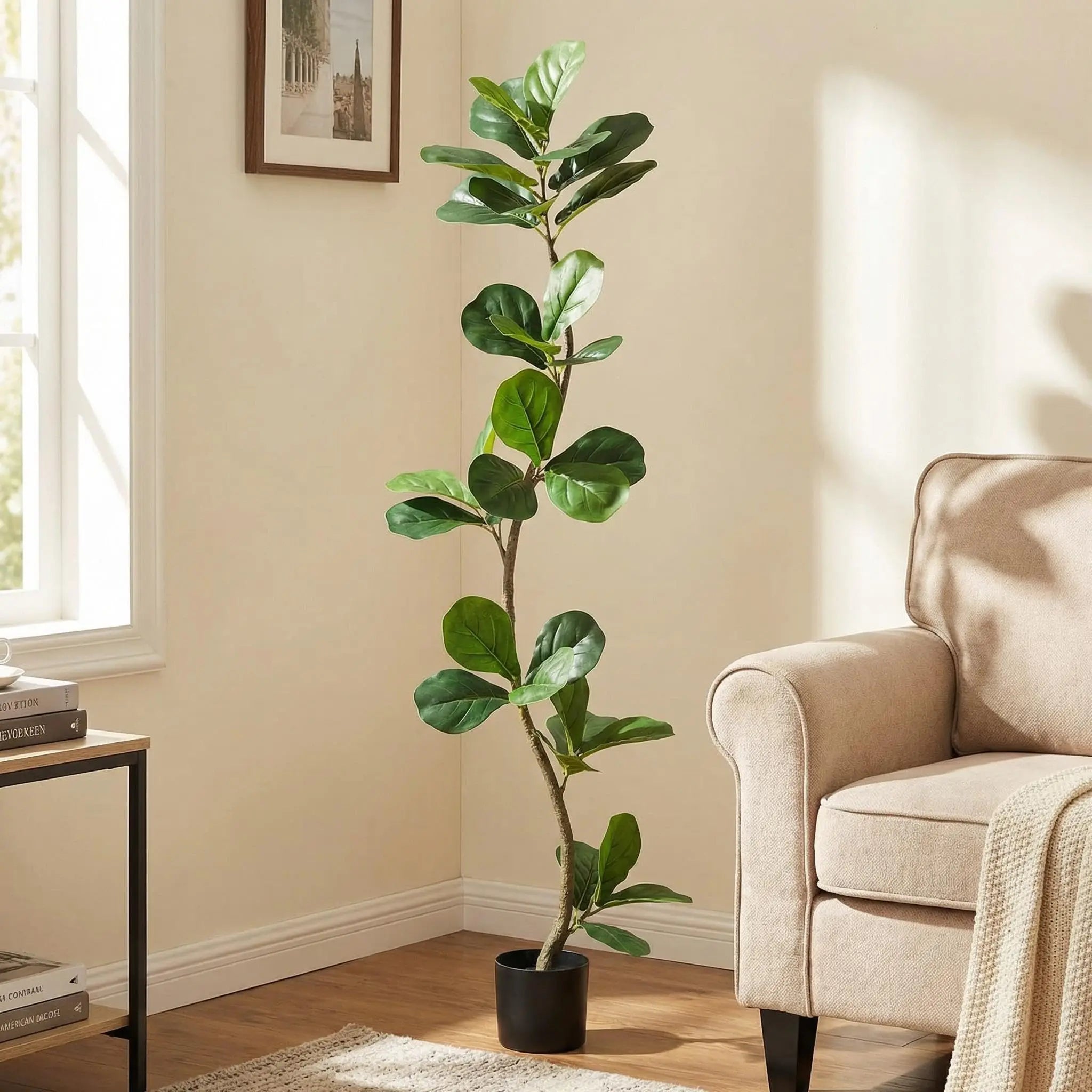 5/6/7ft Lifelike Artificial Fiddle Leaf Fig Tree, Fake Ficus Tree with Sturdy Cement Base, Indoor/ Outdoor Decor for Home/ Office/ Living Room, Ideal Housewarming Gift