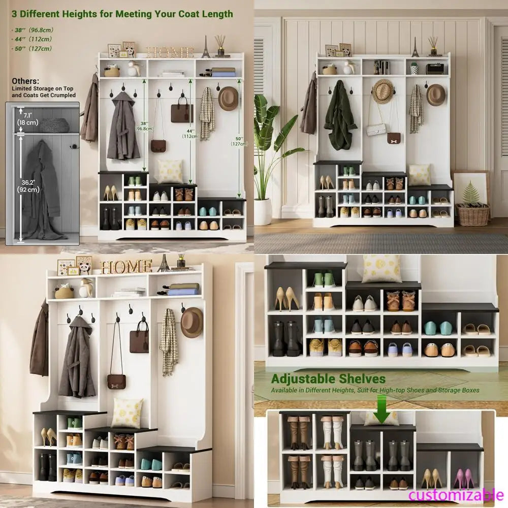 Farmhouse Style 77 Entryway Bench with Shoe Storage and Coat Rack, Featuring 16 Shoe Cubbies and 10 Hooks, Dimensions 15.8 Depth