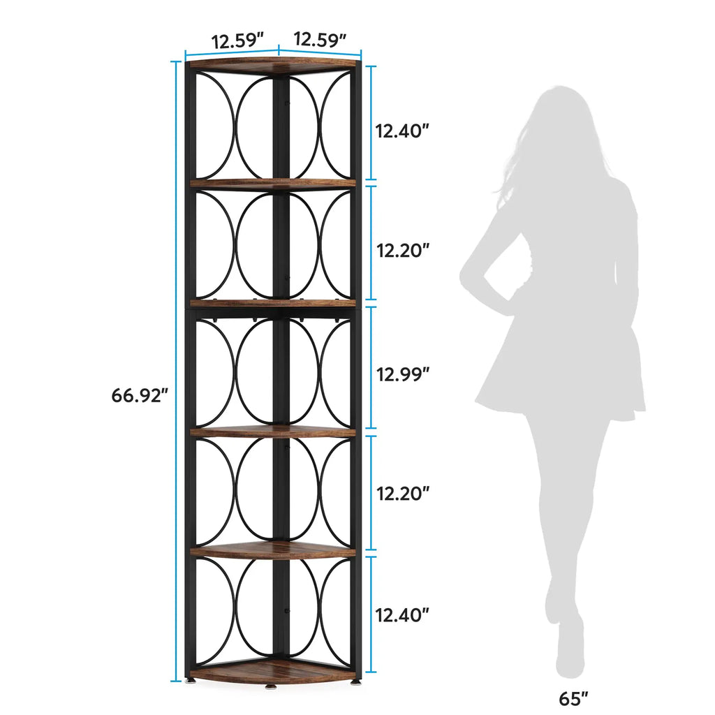 67 inch Tall Corner Shelf, 6 Tier Rustic Corner Bookshelf Bookcase, Storage Rack Standing Shelving Unit