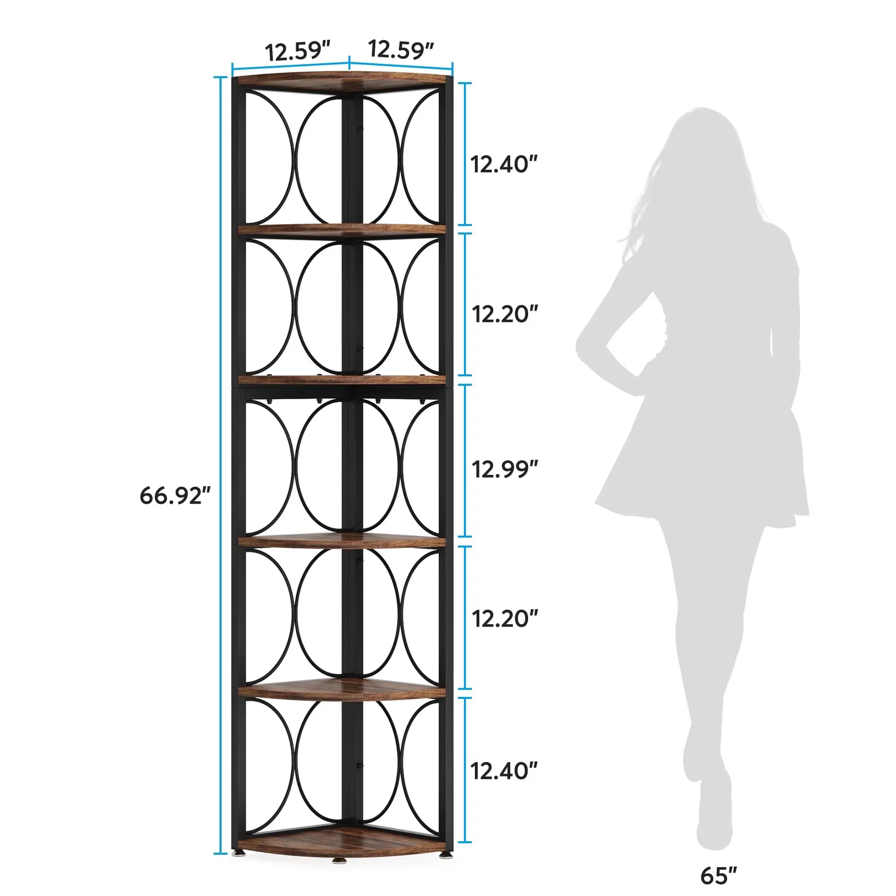 67 inch Tall Corner Shelf, 6 Tier Rustic Corner Bookshelf Bookcase, Storage Rack Standing Shelving Unit