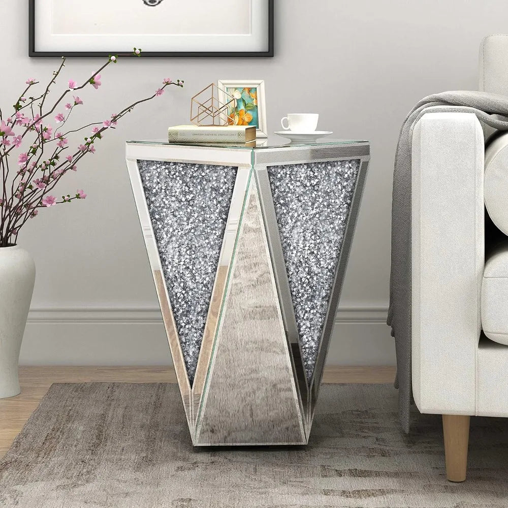 Silver Glass End Table with Crystal Accents for Hallway, Living Room, and Coffee Areas