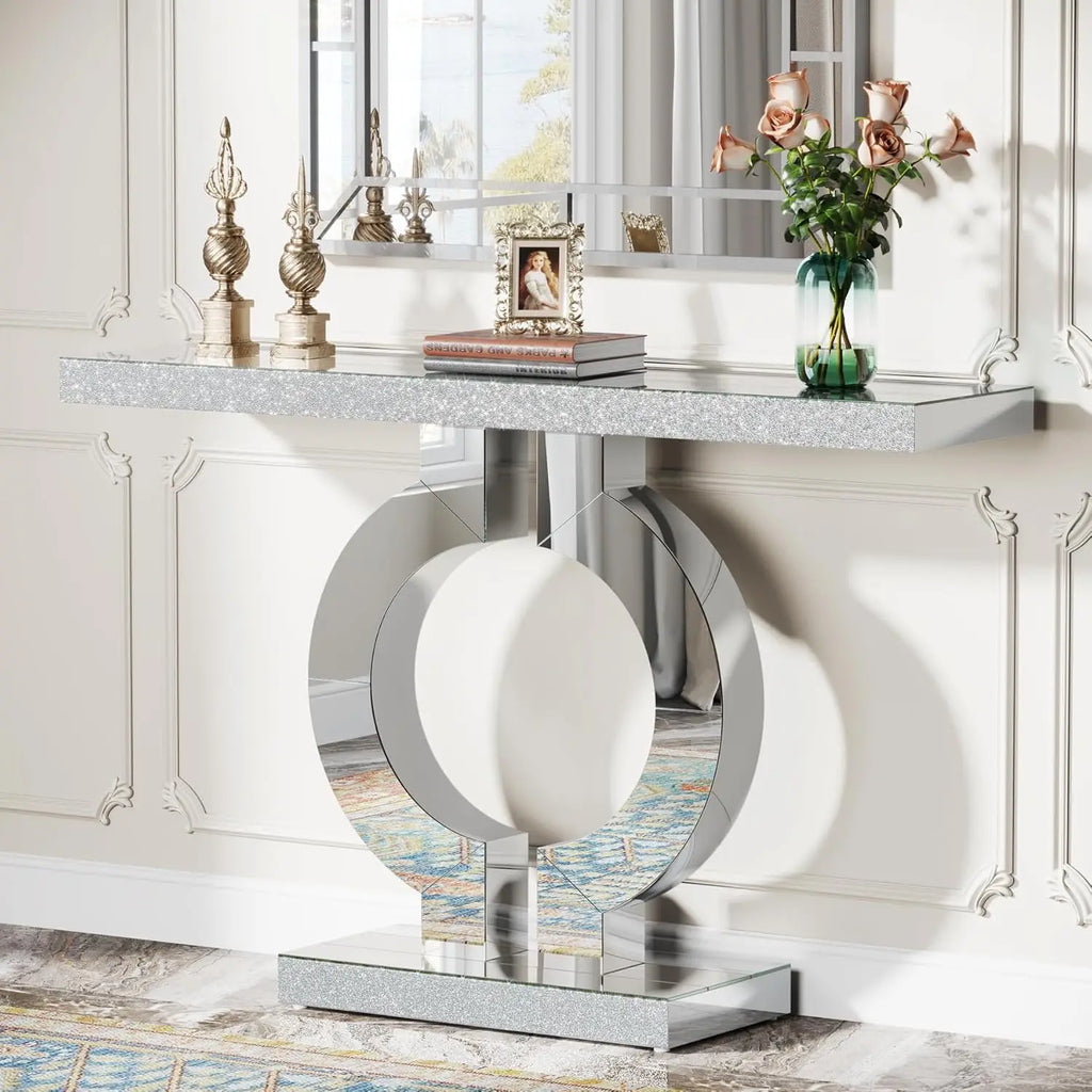 43.3-Inch (110cm) Mirrored Console, Entryway Table with Thickened Mirror Finish Tabletop