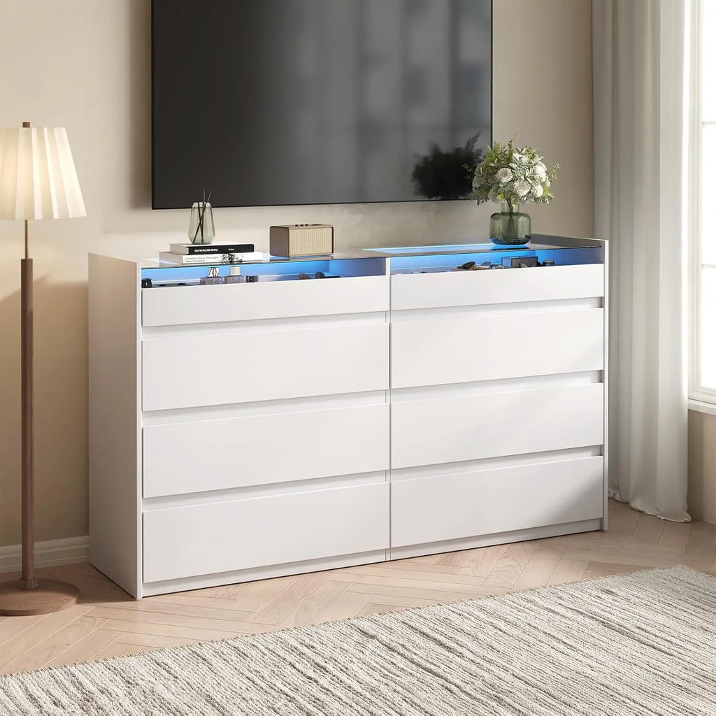 White 8 Drawer Dresser, Modern Chest of Drawers, Jewelry Dresser Display with Glass Top and LED Light