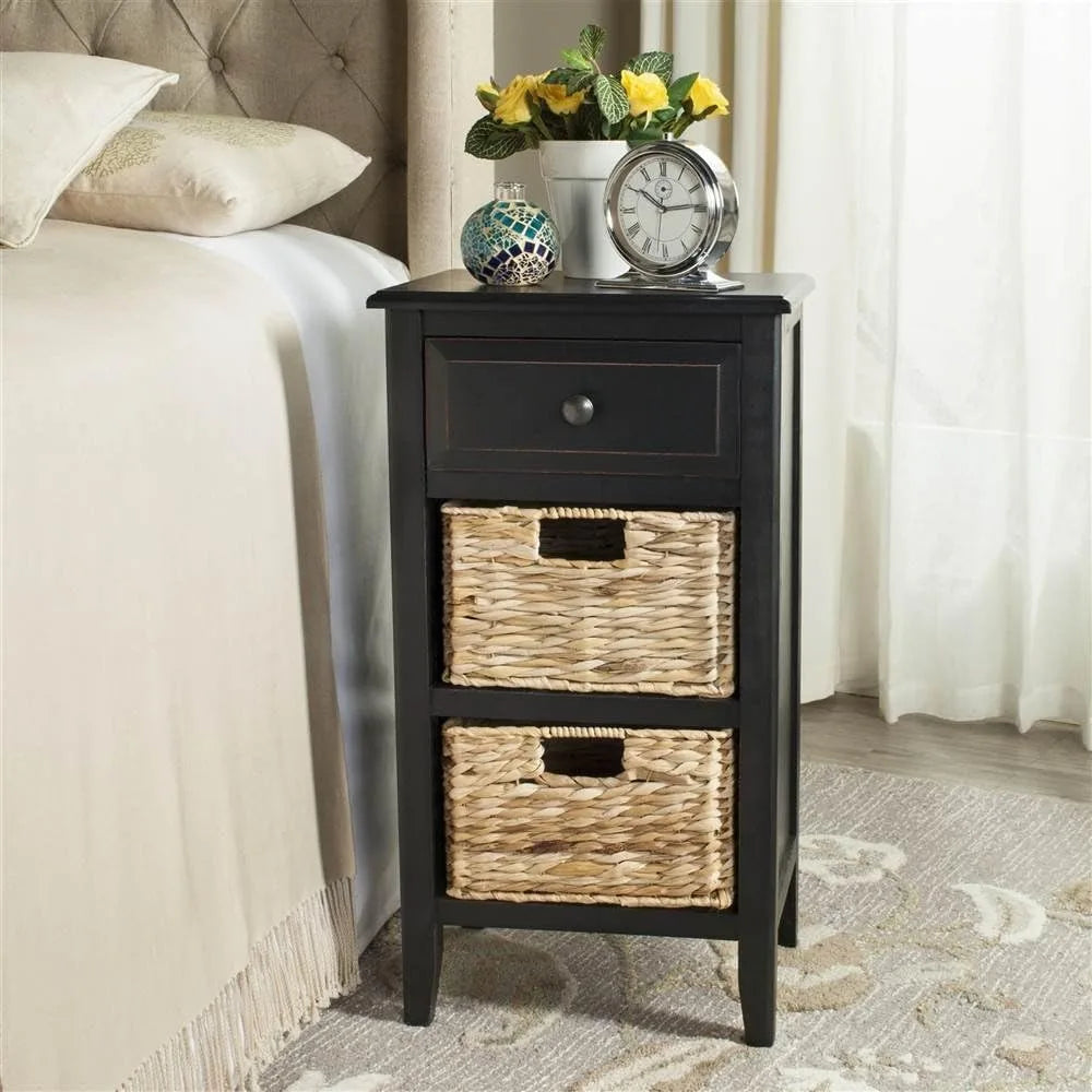 Distressed Black Side Table with 1 Drawer and 2 Removable Baskets